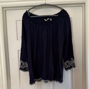 Soft Surroundings Navy Blouse with White Embroidered  Trim